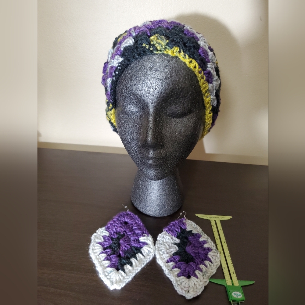 Handmade Purple and Black Crochet Headscarf and Earrings Set